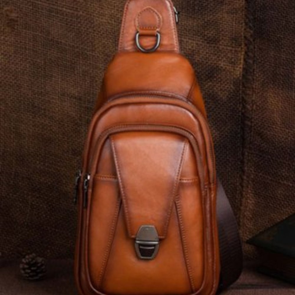Premium Tan Leather Crossbody Sling Bag - Unbranded